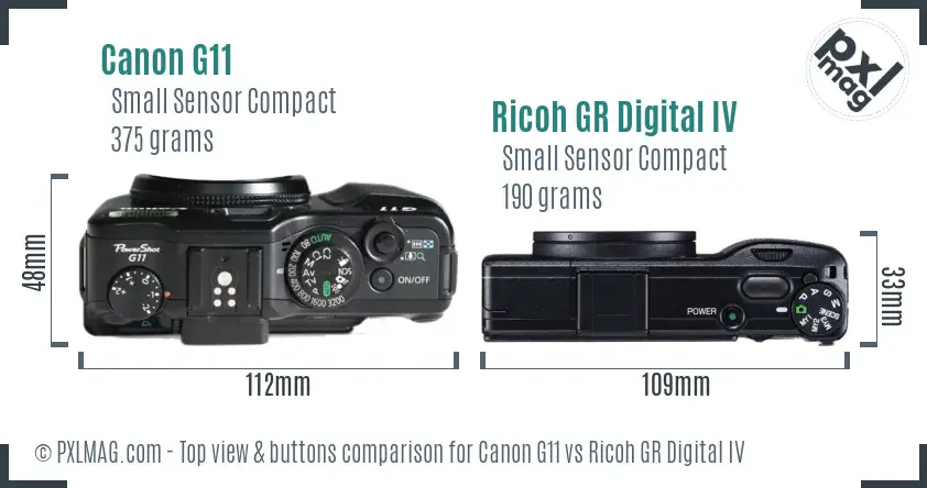 Canon G11 vs Ricoh GR Digital IV top view buttons comparison