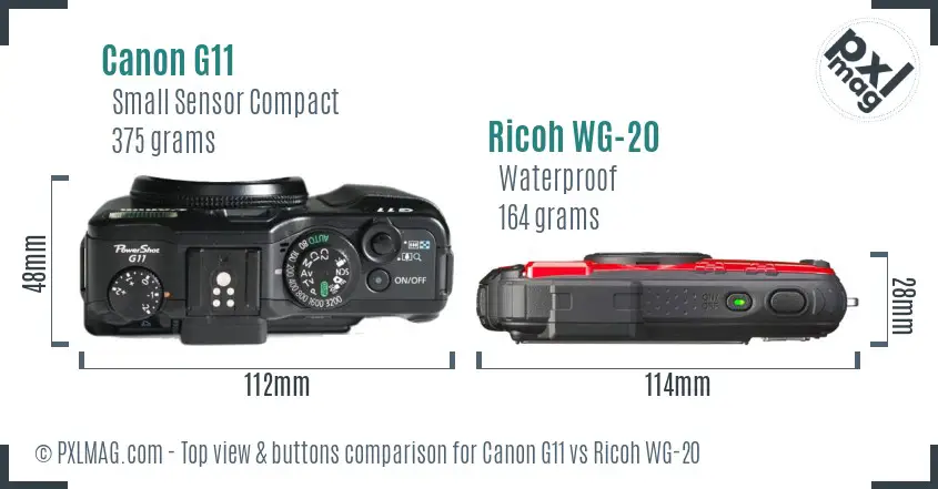 Canon G11 vs Ricoh WG-20 top view buttons comparison