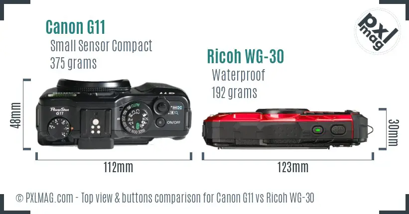 Canon G11 vs Ricoh WG-30 top view buttons comparison Canon G11 vs Ricoh WG-30 top view buttons comparison
