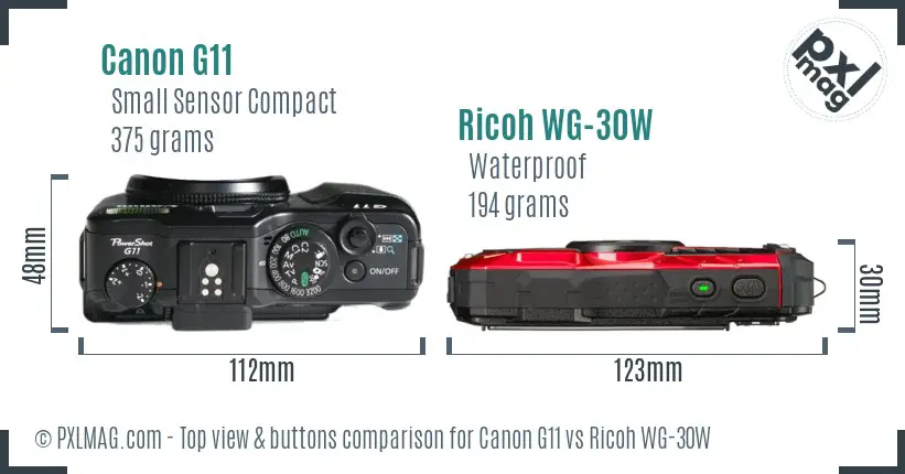 Canon G11 vs Ricoh WG-30W top view buttons comparison Canon G11 vs Ricoh WG-30W top view buttons comparison