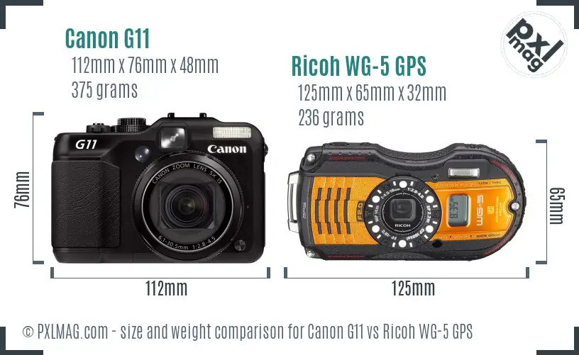 Canon G11 vs Ricoh WG-5 GPS size comparison Canon G11 vs Ricoh WG-5 GPS size comparison