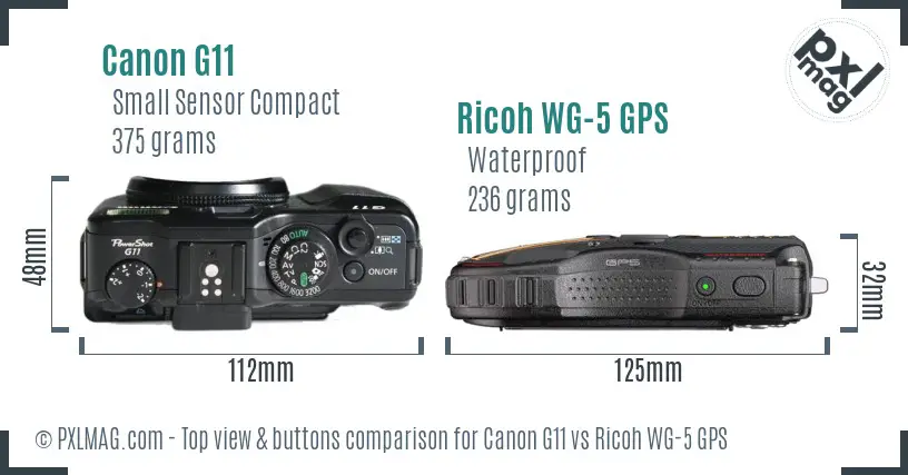 Canon G11 vs Ricoh WG-5 GPS top view buttons comparison Canon G11 vs Ricoh WG-5 GPS top view buttons comparison