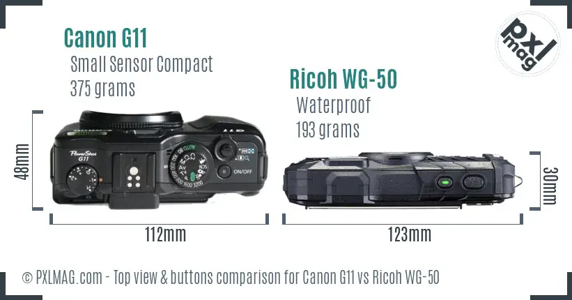 Canon G11 vs Ricoh WG-50 top view buttons comparison