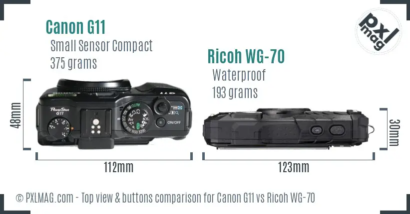 Canon G11 vs Ricoh WG-70 top view buttons comparison