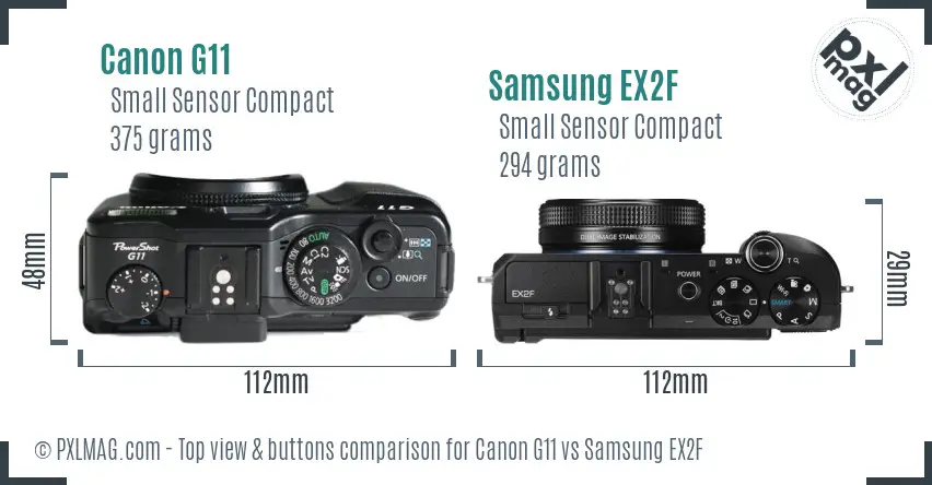 Canon G11 vs Samsung EX2F top view buttons comparison