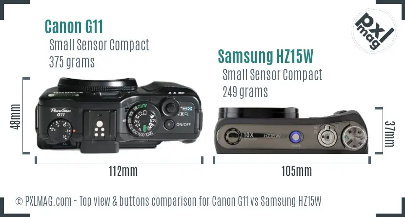Canon G11 vs Samsung HZ15W top view buttons comparison