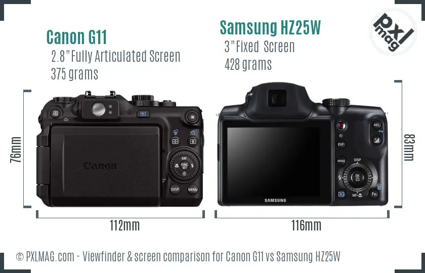 Canon G11 vs Samsung HZ25W Screen and Viewfinder comparison