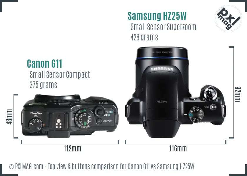 Canon G11 vs Samsung HZ25W top view buttons comparison