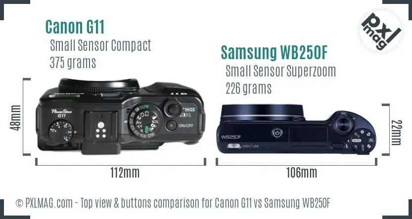 Canon G11 vs Samsung WB250F top view buttons comparison