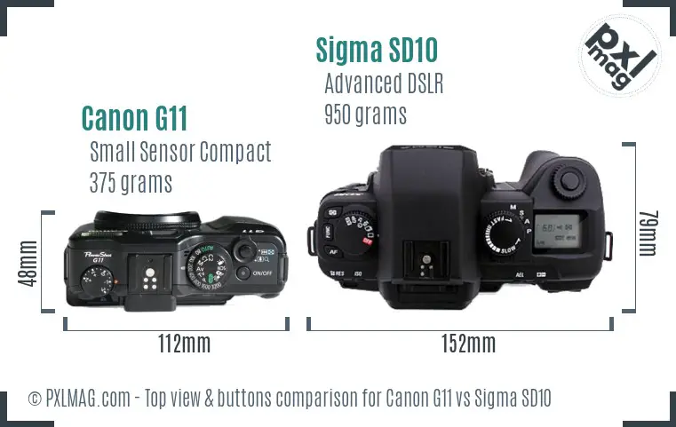 Canon G11 vs Sigma SD10 top view buttons comparison Canon G11 vs Sigma SD10 top view buttons comparison