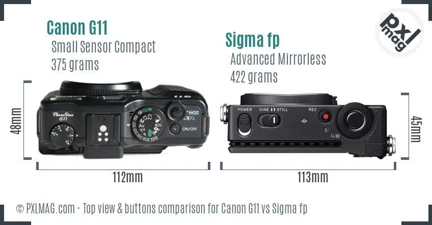 Canon G11 vs Sigma fp top view buttons comparison Canon G11 vs Sigma fp top view buttons comparison