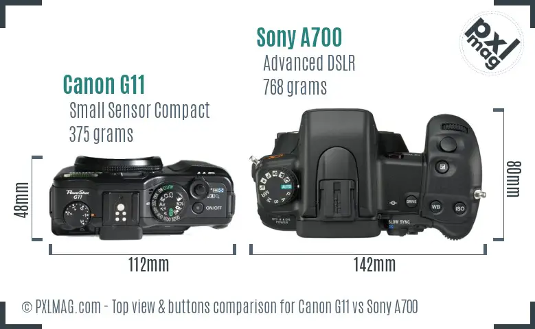 Canon G11 vs Sony A700 top view buttons comparison Canon G11 vs Sony A700 top view buttons comparison