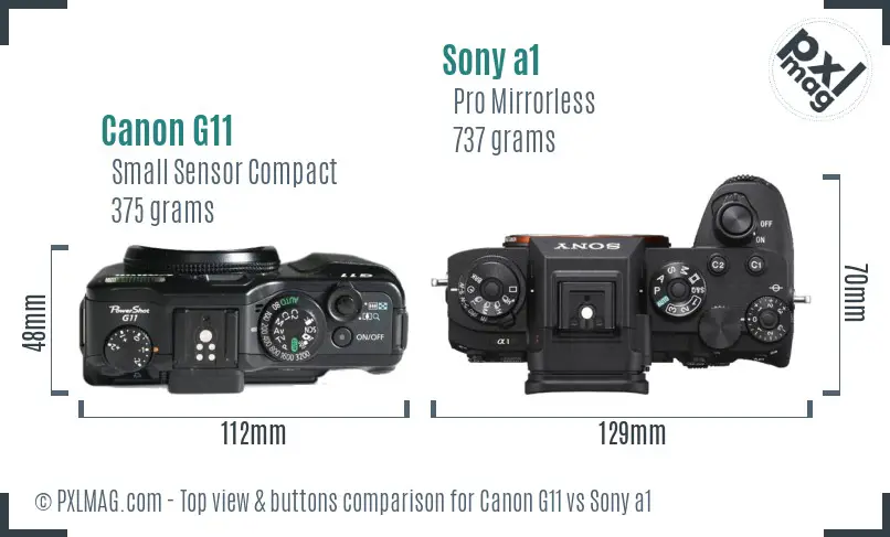 Canon G11 vs Sony a1 top view buttons comparison Canon G11 vs Sony a1 top view buttons comparison