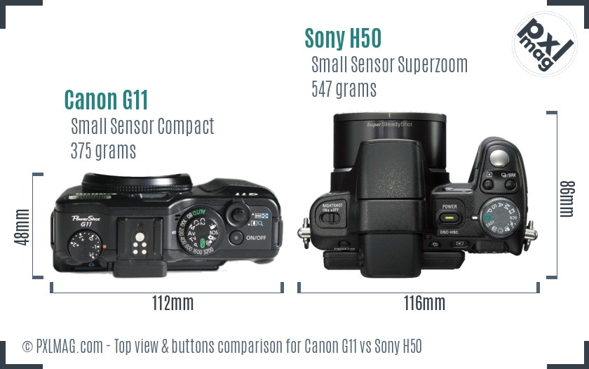 Canon G11 vs Sony H50 top view buttons comparison