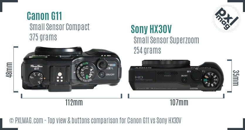 Canon G11 vs Sony HX30V top view buttons comparison