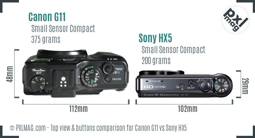 Canon G11 vs Sony HX5 top view buttons comparison