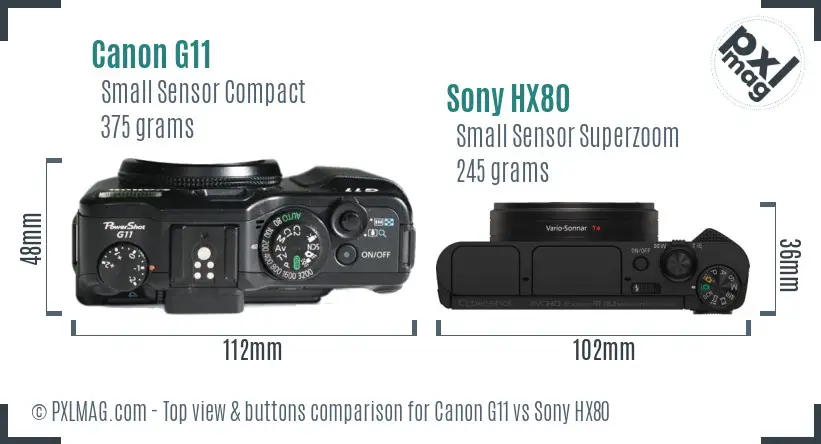 Canon G11 vs Sony HX80 top view buttons comparison