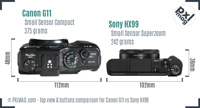 Canon G11 vs Sony HX99 top view buttons comparison