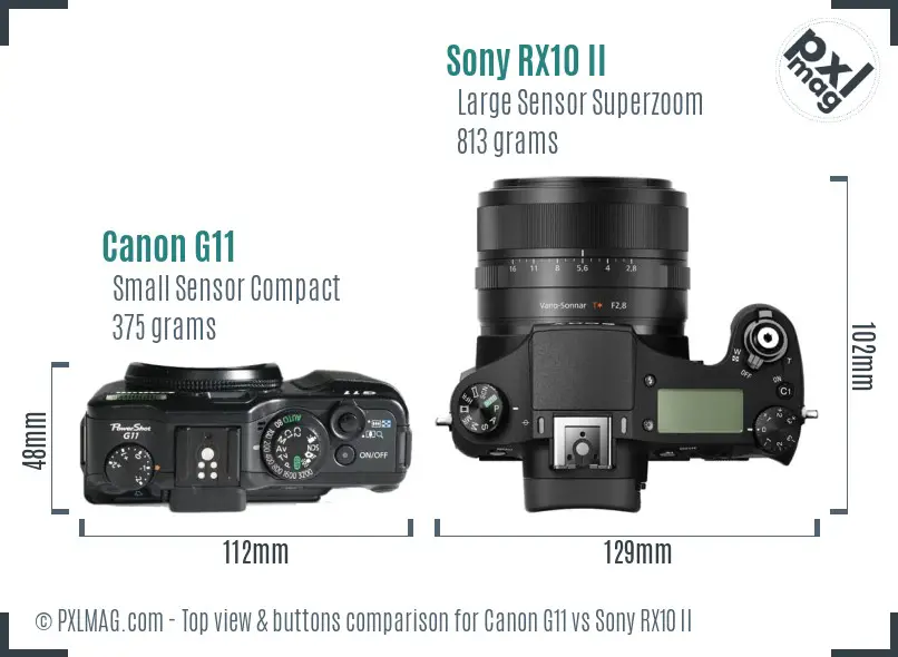 Canon G11 vs Sony RX10 II top view buttons comparison Canon G11 vs Sony RX10 II top view buttons comparison