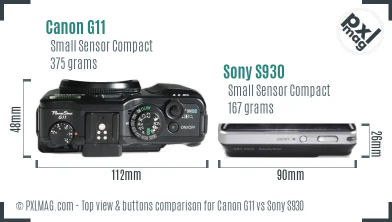 Canon G11 vs Sony S930 top view buttons comparison