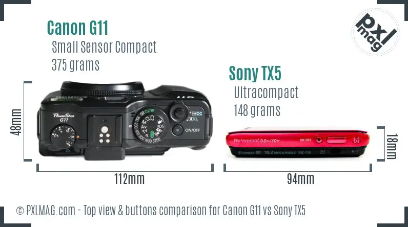 Canon G11 vs Sony TX5 top view buttons comparison Canon G11 vs Sony TX5 top view buttons comparison