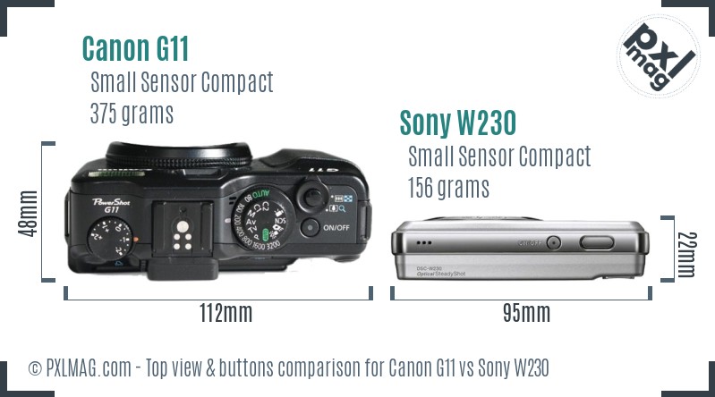 Canon G11 vs Sony W230 top view buttons comparison