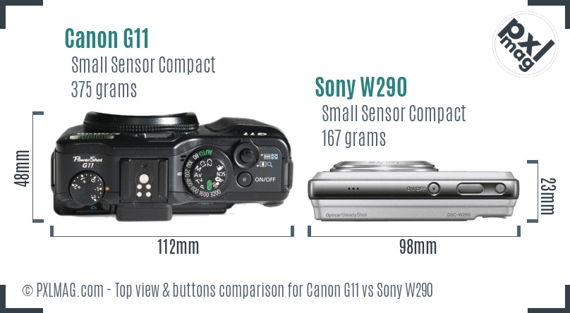Canon G11 vs Sony W290 top view buttons comparison