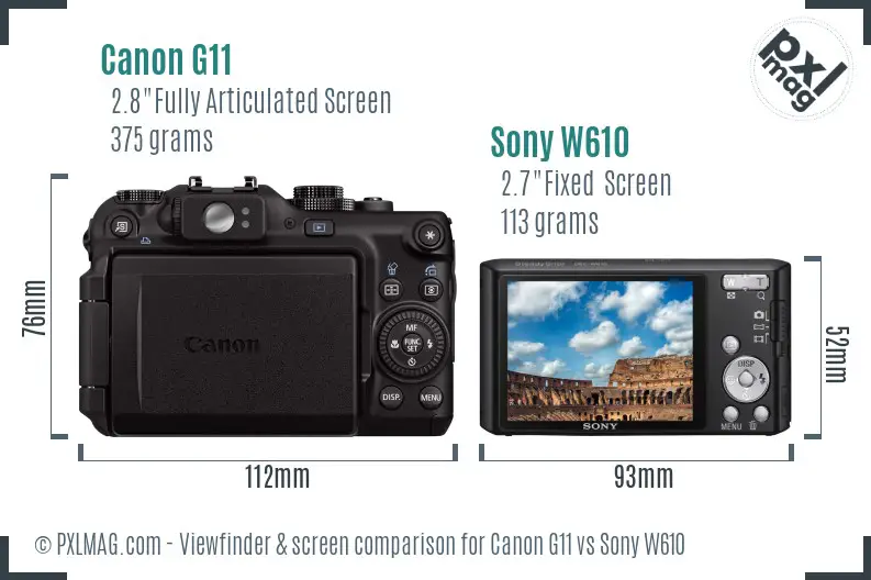 Canon G11 vs Sony W610 Screen and Viewfinder comparison