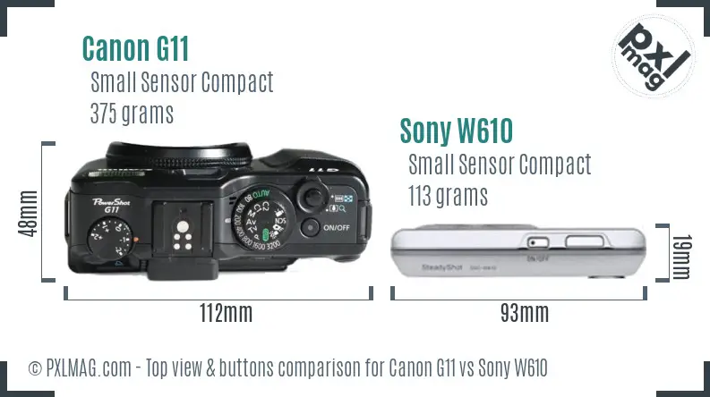 Canon G11 vs Sony W610 top view buttons comparison