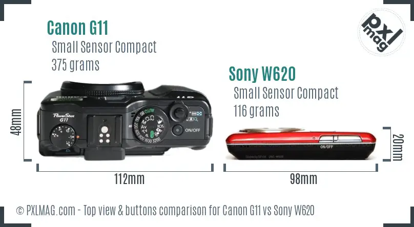 Canon G11 vs Sony W620 top view buttons comparison