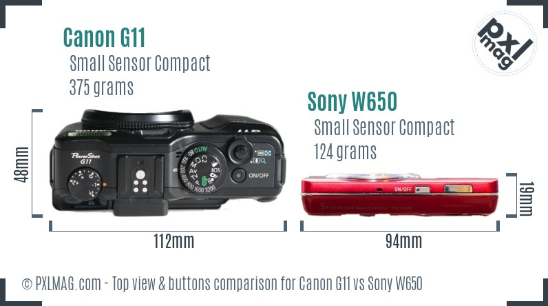 Canon G11 vs Sony W650 top view buttons comparison