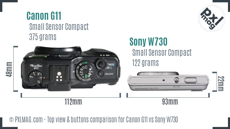 Canon G11 vs Sony W730 top view buttons comparison