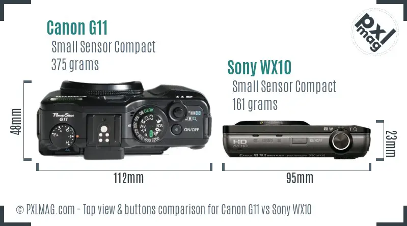 Canon G11 vs Sony WX10 top view buttons comparison