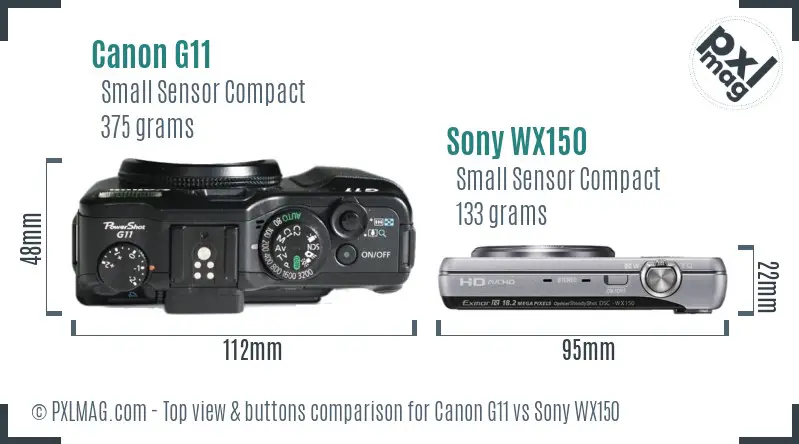 Canon G11 vs Sony WX150 top view buttons comparison