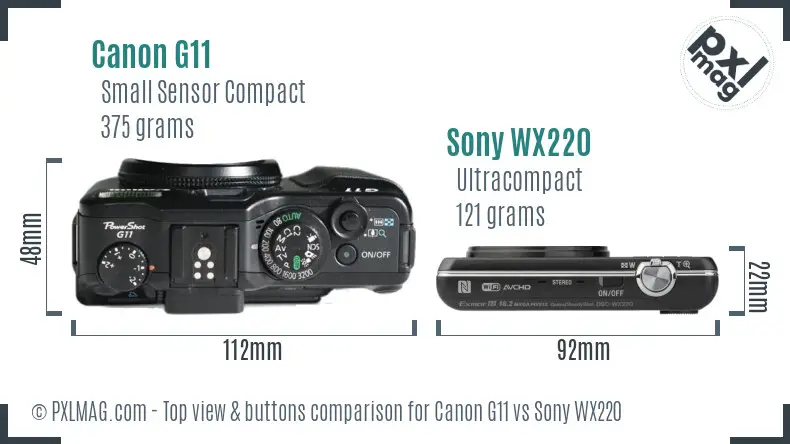 Canon G11 vs Sony WX220 top view buttons comparison
