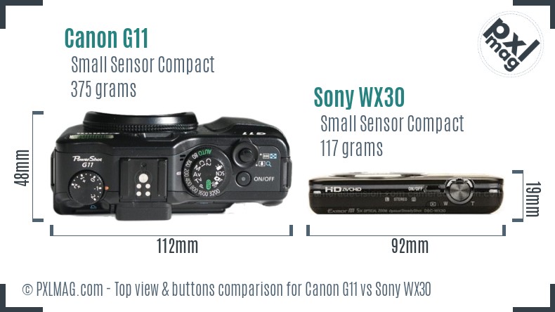 Canon G11 vs Sony WX30 top view buttons comparison