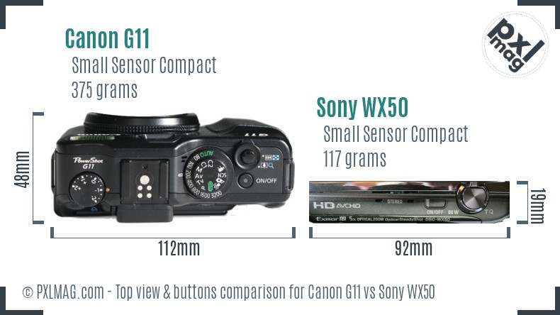 Canon G11 vs Sony WX50 top view buttons comparison