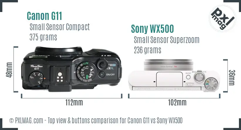 Canon G11 vs Sony WX500 top view buttons comparison Canon G11 vs Sony WX500 top view buttons comparison
