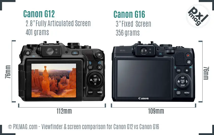 Canon G12 vs Canon G16 Screen and Viewfinder comparison