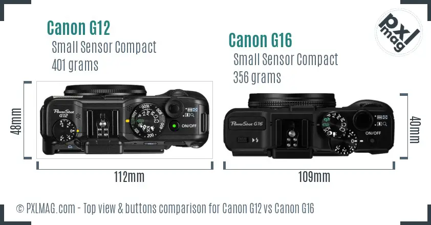 Canon G12 vs Canon G16 top view buttons comparison