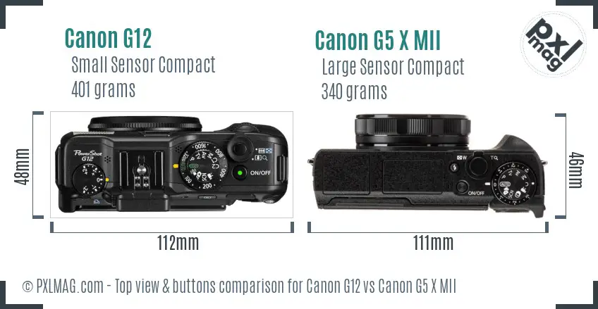 Canon G12 vs Canon G5 X MII top view buttons comparison