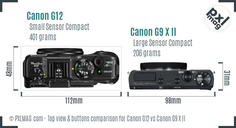 Canon G12 vs Canon G9 X II top view buttons comparison