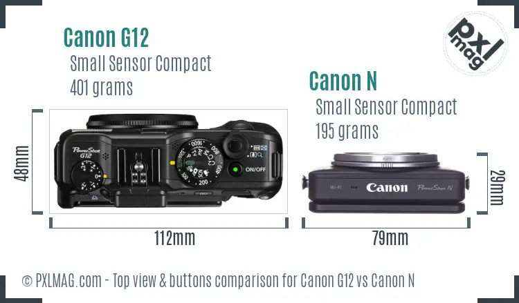 Canon G12 vs Canon N top view buttons comparison