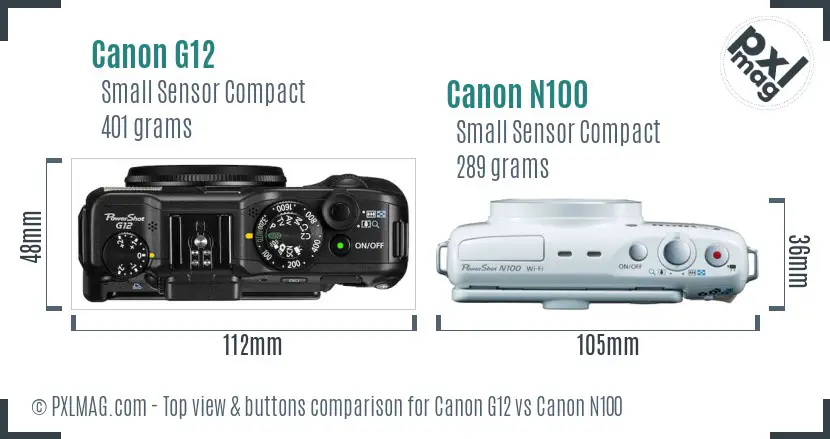 Canon G12 vs Canon N100 top view buttons comparison
