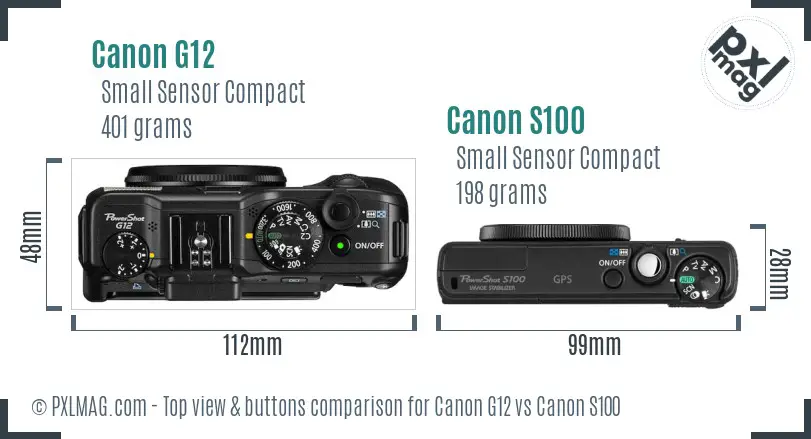 Canon G12 vs Canon S100 top view buttons comparison