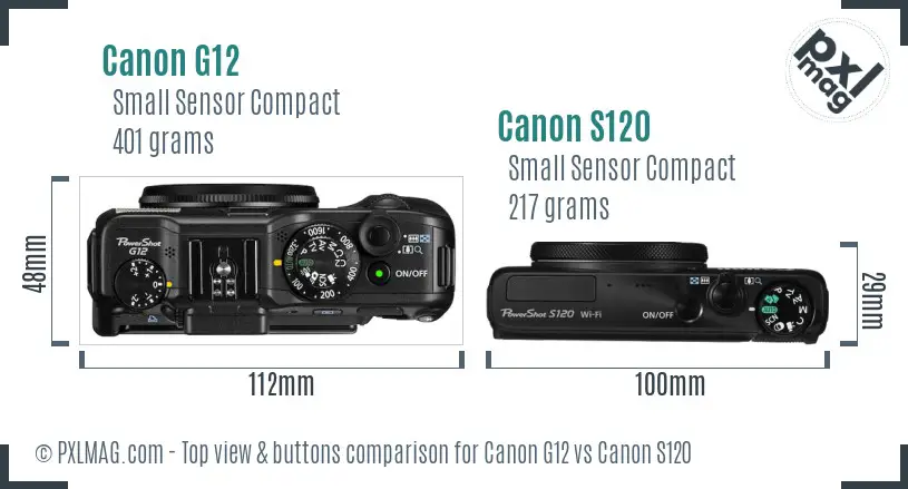 Canon G12 vs Canon S120 top view buttons comparison