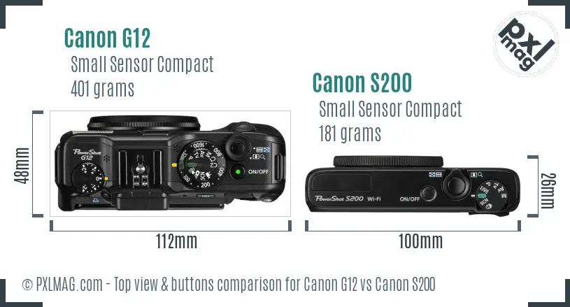 Canon G12 vs Canon S200 top view buttons comparison