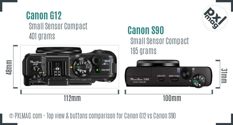 Canon G12 vs Canon S90 top view buttons comparison