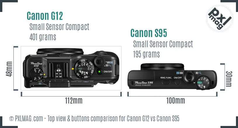 Canon G12 vs Canon S95 top view buttons comparison