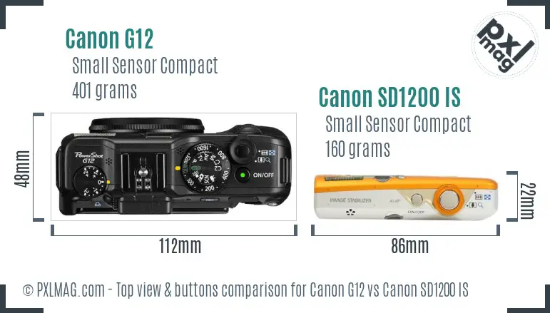 Canon G12 vs Canon SD1200 IS top view buttons comparison